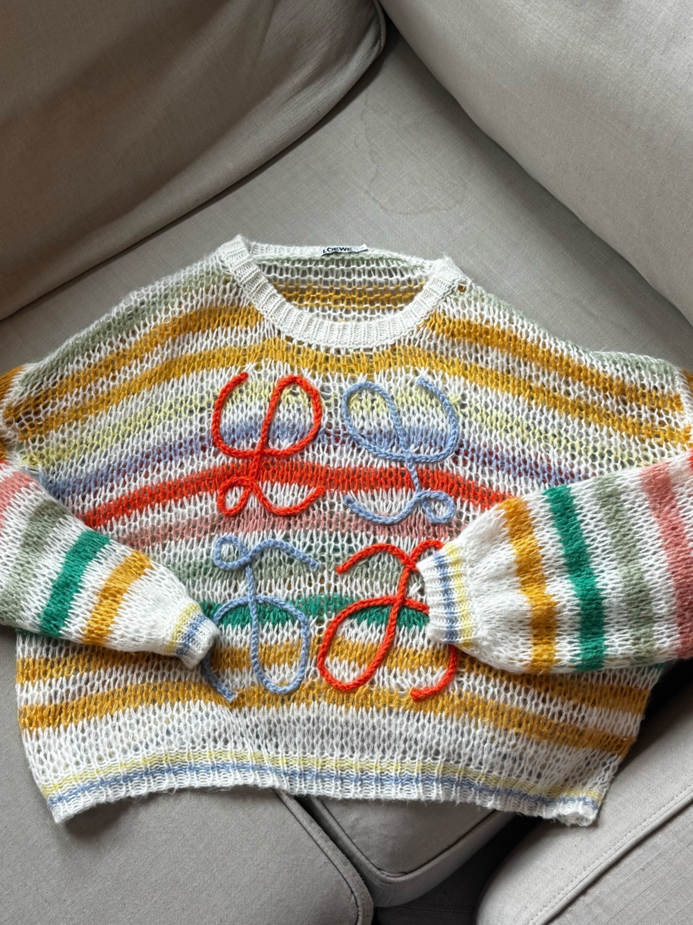 Designer inspired Cream, multi colored Open-Knit Striped Sweater